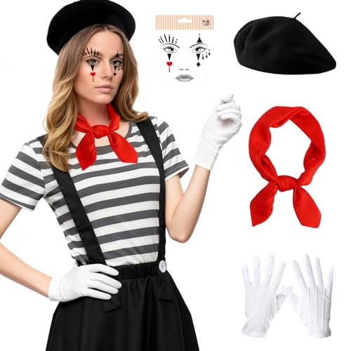 MINGJAY Disfraz de Carnaval Pantomima,4 Piezas Pantomime Costume,Disfraz de Mimo,Carnaval Mime Disfrazs,Accesorios para Disfrazs,Carnavals Disfraces,para Carnavals Mascarada Halloween