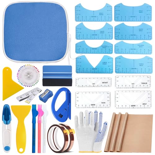 DNSGOOR Sublimation Shirts Tool Kits for Vinyl Alignment Portable Pad for Ironing T-Shirt Rulers Guide and Teflon Sheet for Cricut Heat Press HTV Vinyl Center Designs Craft Sewing Accessories