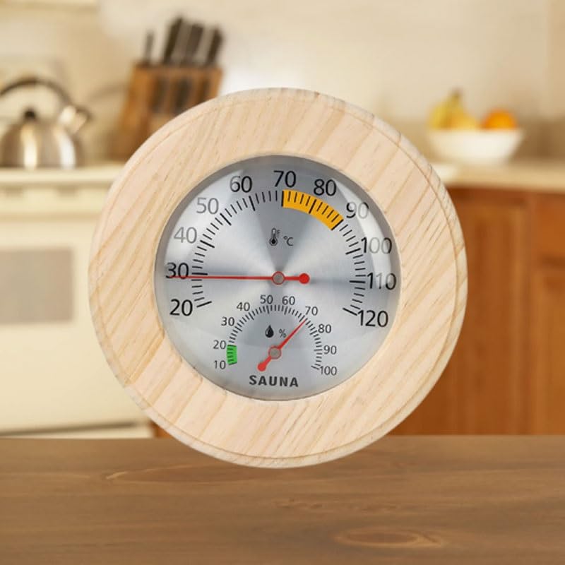 Round Indoor Temperature Humidity Meter with Wooden Outer Frame for Home Bathrooms