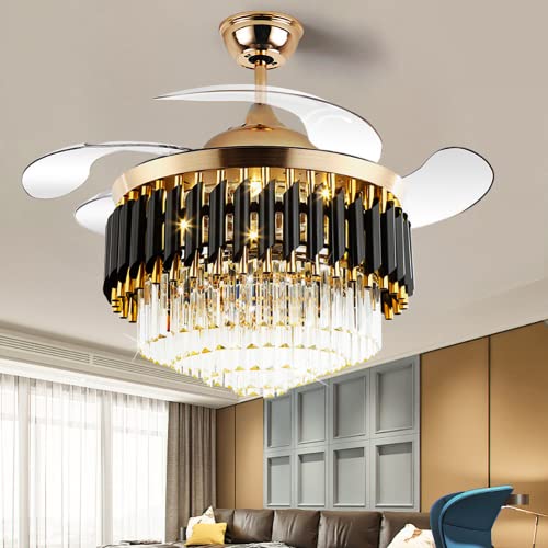 Ventilador de techo retráctil de cristal de 42 pulgadas con 3 cambios de luz, 3 velocidades, LED, silencioso, con control remoto, moderno, invisible, oculto, con luz para comedor, sala de estar y rest