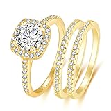 CEJUG 18k Yellow Gold Plated Wedding Rings for Women Engagement Bands Bridal Set Halo Round 2.0Ct Cz