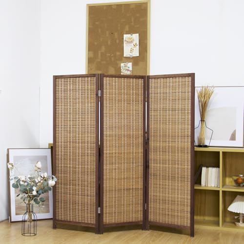 3 Panel Short Panel Divider Screen,3.95 FT Tall Bamboo Room Divider Folding Privacy Screen,Short Panel Divider Freestanding Room Divider for Room Seperation,Brown