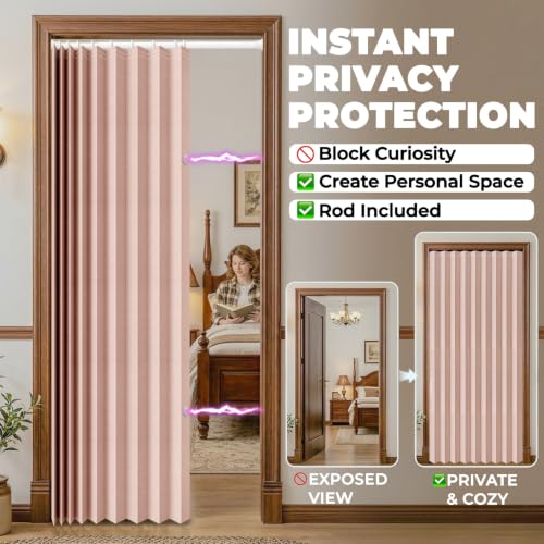Image of AJAZZ Blackout Curtain with Curtain Rods Adjustable 28-39 inch Long Invisible Accordion Doors Interior Magnetic Door Curtain Front Door Curtains for Glass Window Sets (1 Pack, 42 W x 78 L,Pink)