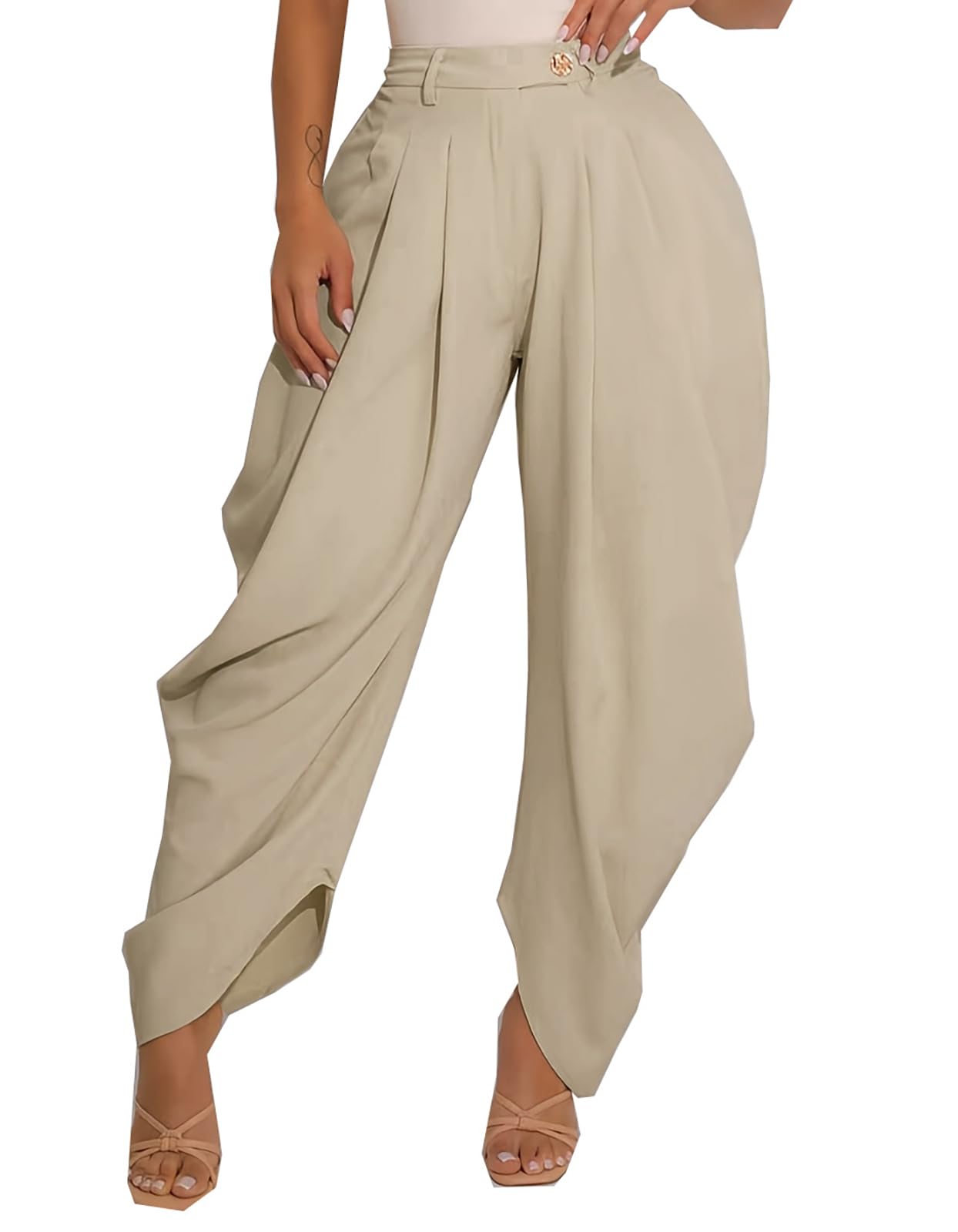 Yuopeid Womens Casual Pleated Baggy Long Pants High Waist Palazzo Wide Leg Pants Business Trousers