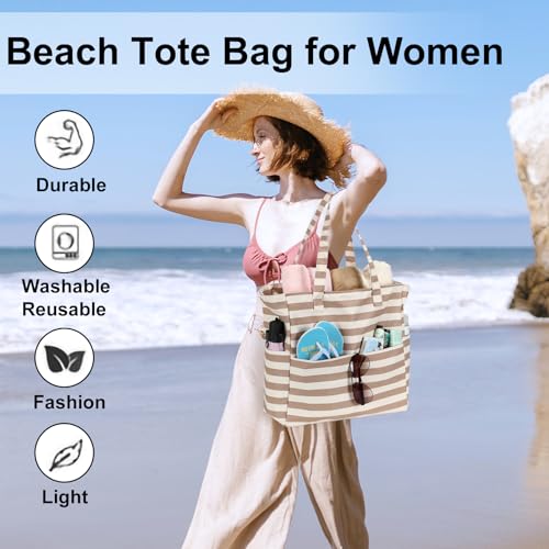 Image of LEDAOU Large Beach Bag Women Waterproof Sandproof Zipper Beach Tote Pool Bag for Swim Gym Grocery Travel with Wet Pocket
