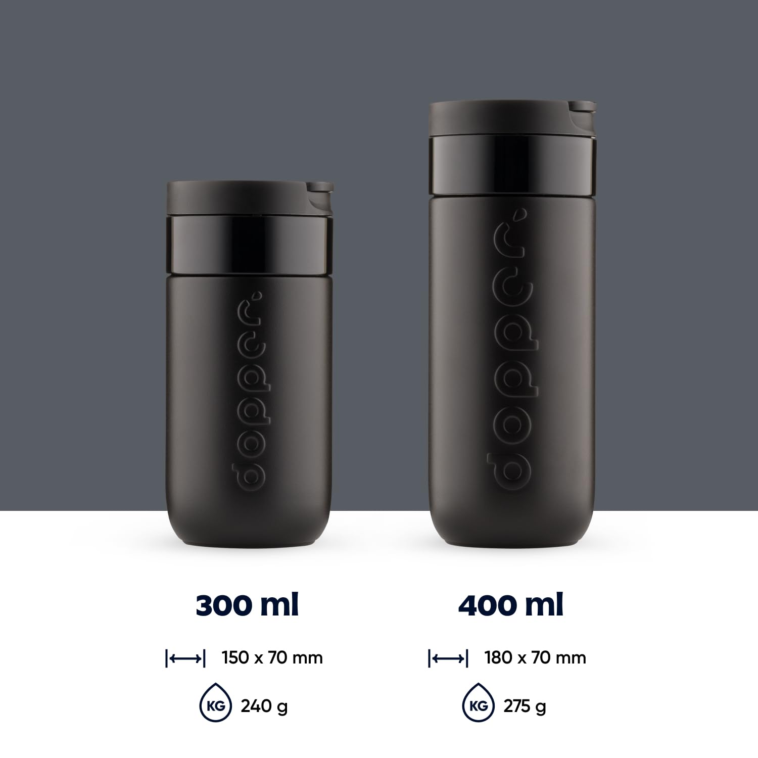 Dopper Mug de voyage isotherme 400 ml, noir blazing – Gobelet isotherme anti-fuite pour boissons gazeuses, 6h chaud/20h froid, 90 % acier inoxydable recyclé