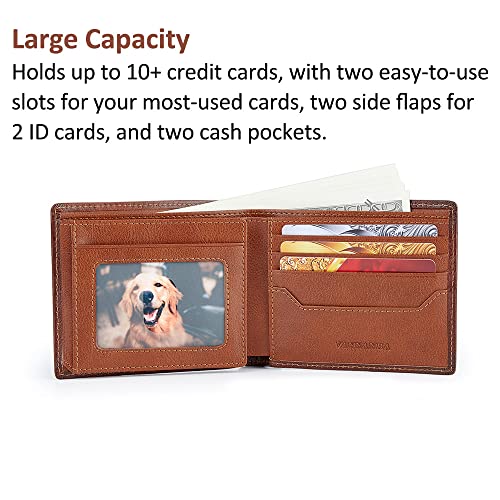 VANNANBA Bifold Front Pocket Wallets, Full Grain Leather Large Capacity Wallet with 2 ID Windows, 11 Card Slots, 2 Cash Pockets & RFID Blocking,Gift for Men(Brown)3