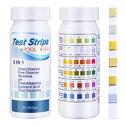 SuperCheck 6-in-1 Test Strips for Testing Chemicals Content in Pool and Spa, 7 Parameters, 50 Count, Swimming Water Test Kit for Chlorine, Bromine, pH, Alkalinity, Cyanuric Acid and Hardness Levels