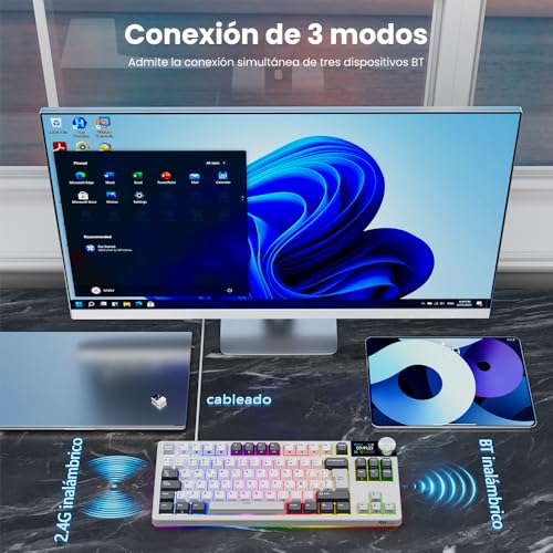 RK Royal KLUDGE RK S85 -Teclado Mecánico Español -Teclado Inalámbrico Gaming 80% -ISO-ES- Bluetooth/2.4G/USB-C- Hot Swap- Pantalla LCD- RGB-Mac/Windows-Mod. White Night/Switch Táctil Beige(Brown). - imagen 2