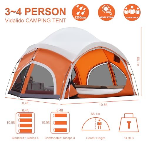 Image of Vidalido 3-4 Person Camping Tent with 2 Large Mesh Door 4 Mesh Window Family Tents, Double Layer Waterproof Portable Easy Setup Camp Tent, Canvas Dome Tents for Camping Outdoor Hiking and Backpacking