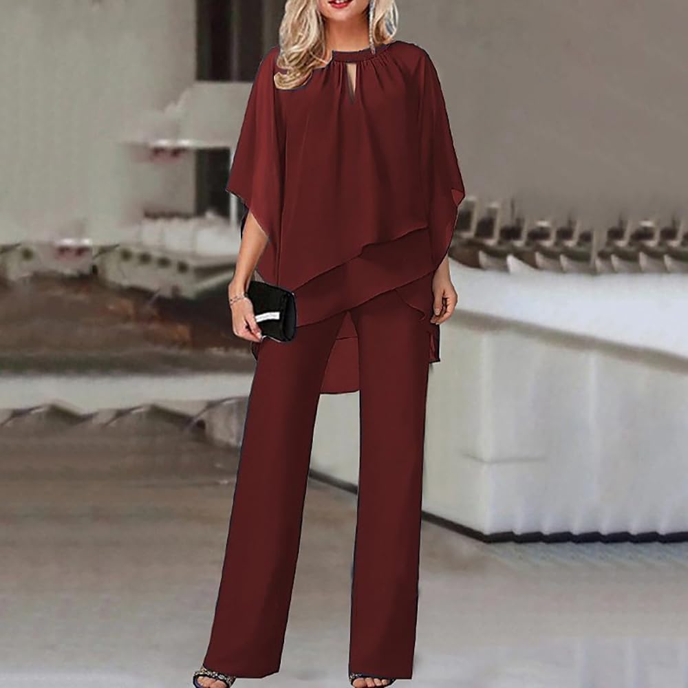 Conjuntos de 2 Piezas para Mujer, Trajes de pantalón Elegante para una Boda, Conjuntos de Pantalones Anchos de Gasa Irregular Formales para Fiestas de Noche