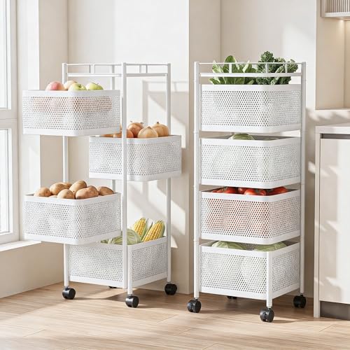 Image of Metal Multi-Purpose Trolley Kitchen Storage Organizer Rack Stand with 360 Wheels | 4 Layer Square Design | Kitchen Accessories Items for Fruit Vegetable Onion Rack for Kitchen (White)