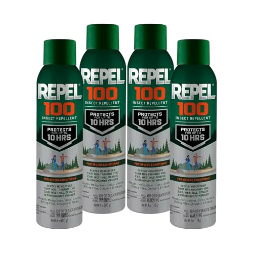 Repel 100 Insect Repellent, 4 Ounces, 98% DEET 10-Hour Protection Lon-Lasting Insect Repellent Aerosol Spray Repels Mosquitoes, Ticks, Gnats, Biting Flies, Chiggers and Fleas (Pack of 4)