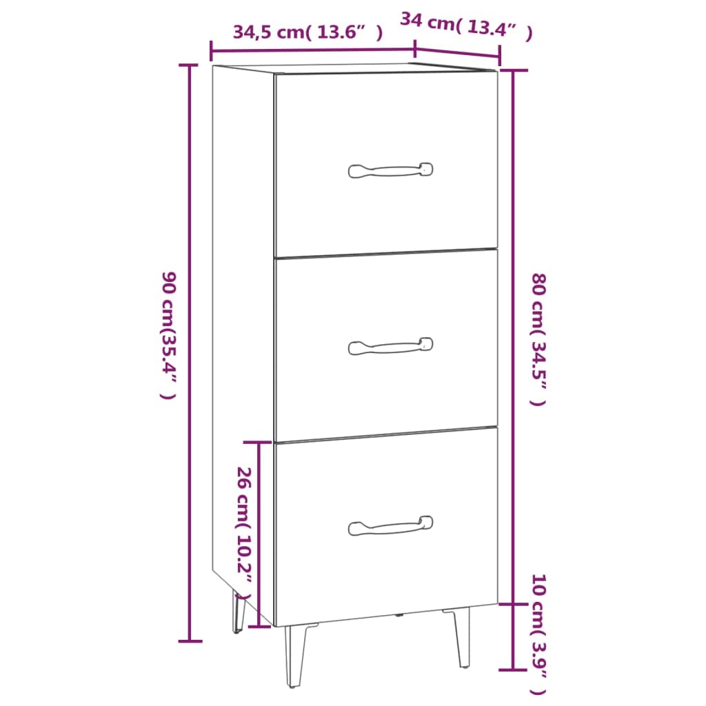 Aparador negro 34,5 x 34 x 90 cm madera y hierro moderno con 3 cajones para salón, dormitorio o pasillo