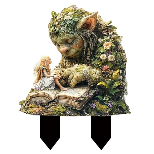 READREAM Grünes Gras Troll Gartenstecker, 2D Gartendeko Troll Figur, Garten Dekostecker Märchenhafter, Garten Deko Draußen, Dekorative Skulpturen, Gartenfiguren für Draußen Wetterfest (A)