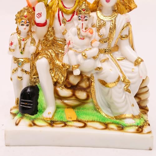 Image of Gold Plated Shiv Parivar Murti Marble Dust Statue for Home Mandir Pooja Room Office Gift | Shiv Parvati Shiva Family Idol Kartikey Statue Standard Size- Multicolor (8 Inch (20cm))