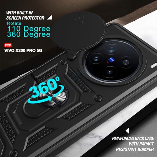 Image of AESTMO TPU+PC Tough Armor Vivo X200 Pro 5G Bumper Back Case Cover | Ring Holder & Sliding Camera Shield Cover | 360 Degree Protection Back Case Cover for Vivo X200 Pro 5G (Black)