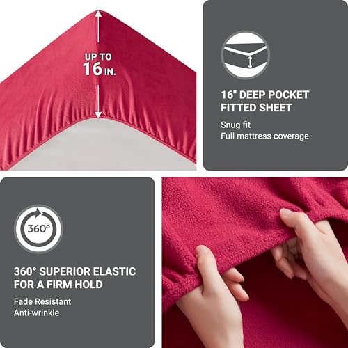 Image of True North by Sleep Philosophy Micro Fleece Bed Sheet Set, Warm, Sheets with 14 inch Deep Pocket, for Cold Season Cozy Sheet-Set, Matching Pillow Case, Twin, Red, 3 Piece