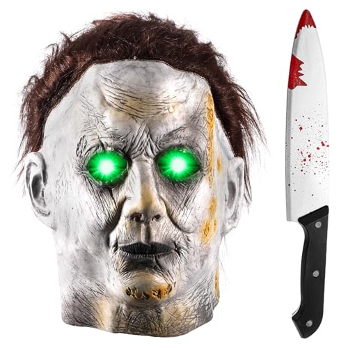 AQXONG Máscara de Michael Myers máscara de Halloween de látex assustadora com olhos de luz LED para máscara de carnaval disfarce de cosplay - Unissexo