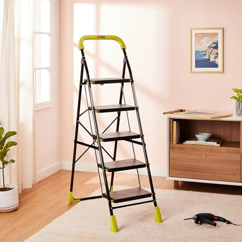 Image of Amazon Basics Dynamo - Foldable Step Ladder, Safety Clutch Lock, Anti Slip Steps, Knee Guard, Anti Skid PVC Shoes, 5 Steps (Steel, Black & Lime Green)