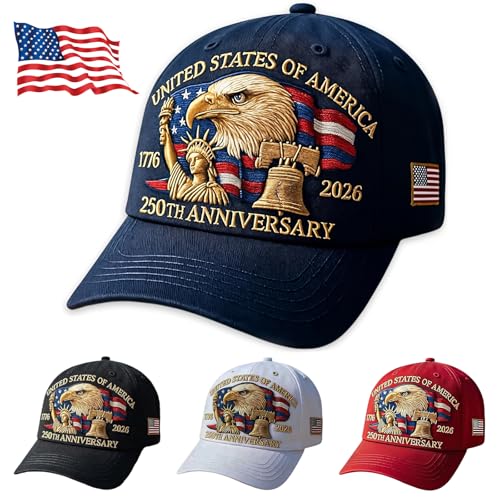 250th Anniversary USA Hat - Adjustable United States 250th Anniversary Hat Retro Embroidered Baseball Cap Patriotic Design for United States 250 Year Celebration (Color-A)
