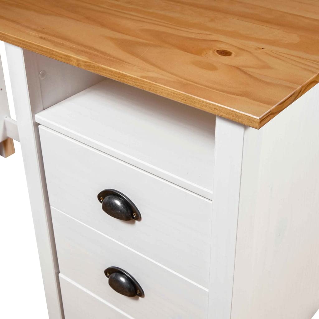 Escritorio Hill de madera maciza de pino con 3 cajones, 120 x 50 x 74 cm, estante y asas para vasos, ideal para oficina, oficina, habitación infantil y trabajo ergonómico
