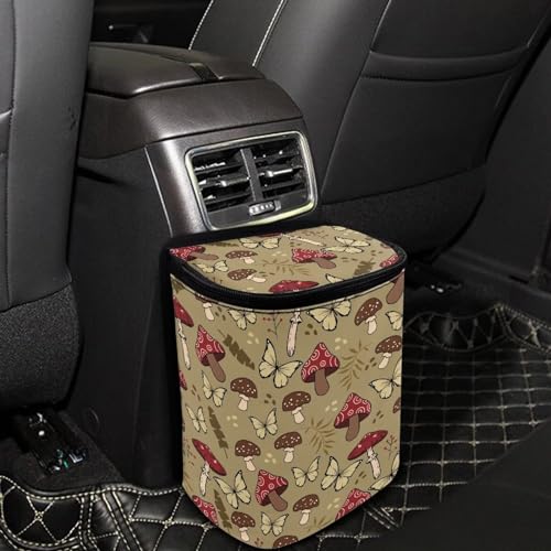 Image of Talayituse Mushroom Butterfly Print Car Trash Can with Lid, Leak Proof Auto Trash Bag Hanging Vehicle Garbage Can Multipurpose Storage Container for Back Seat Road Trip
