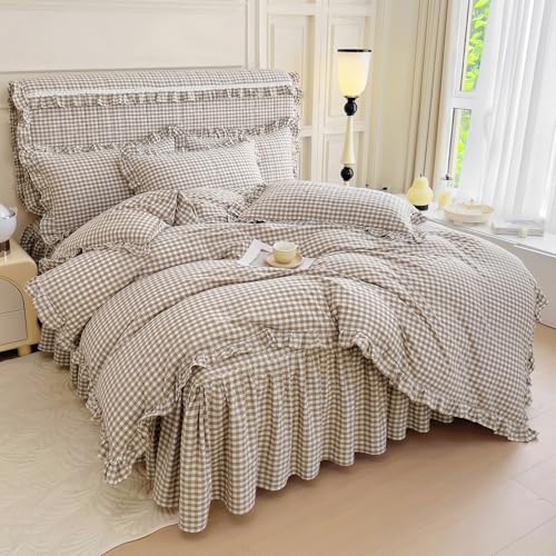 Image of mixinni Tan Gingham Ruffle Duvet Cover King Size 3 Pieces - 100% Washed Cotton, Vintage Plaid Ruffled Bedding Set with Zipper Ties, Soft Cream Checkered Grid Farmhouse Chic Comforter Cover Set