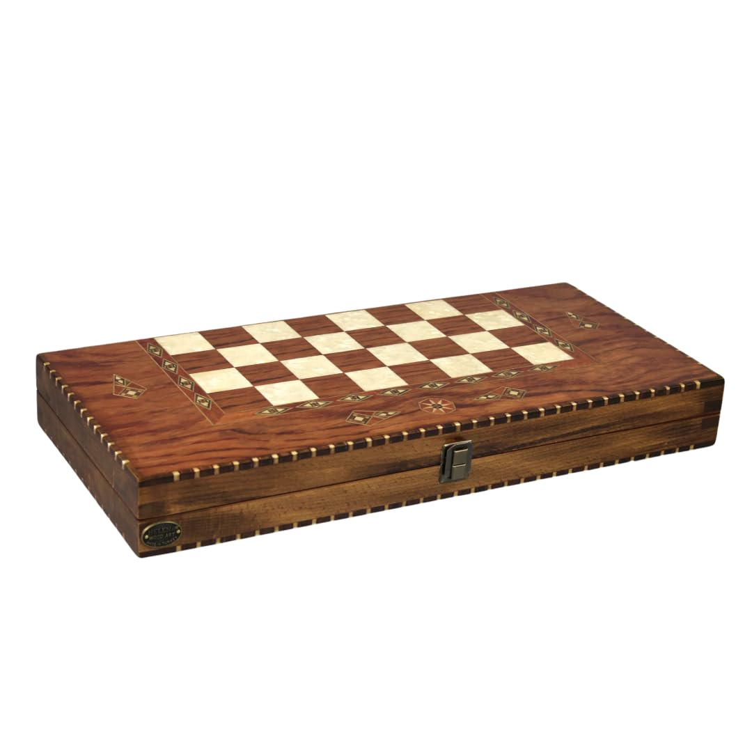 Juego de ajedrez y backgammon de palisandro rural de 20 pulgadas con piezas de ajedrez francés Staunton de Sheesham