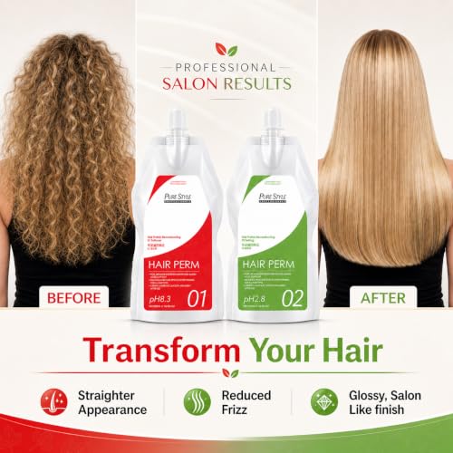PureStyle Professional Hair Perm Straightening Cream Kit (Softener + Fixer) |Japanese Formula | 6-Month Long Lasting Keratin Hair Straightening Treatment | Frizz Control & Repair Damaged Hair