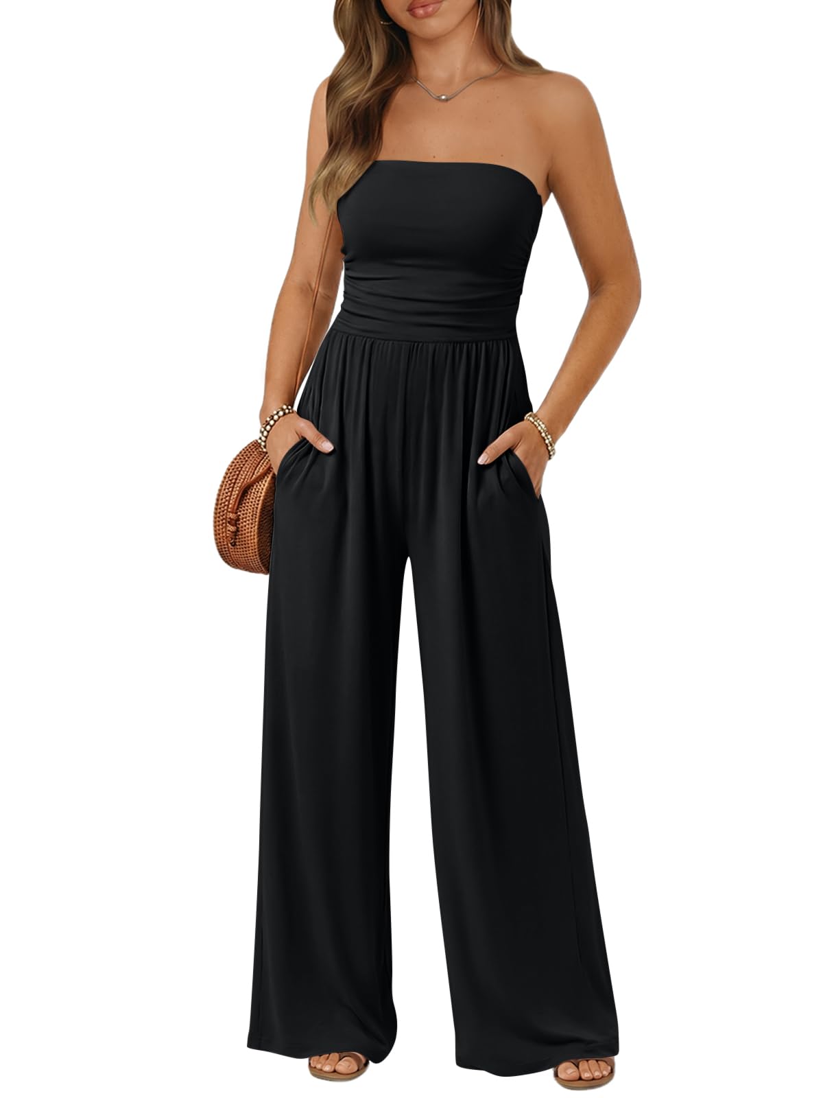 trendy queen One Piece Jumpsuits for Women Dressy Strapless Ruched Tube Top Wide Leg Rompers 2026 Vacation Summer Outfits-picture-34