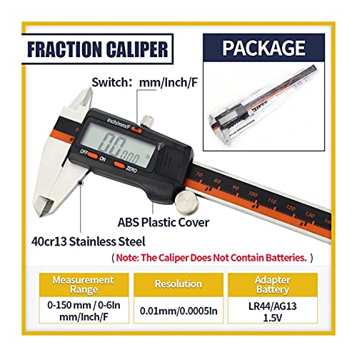 デジタルノギス デジタルキャリパー/マイクロメータ測定ツール、6インチ/ 150 mmステンレス鋼のバーニアキャリパー、LCDディスプレイ、インチ/メトリック変換(Fraction Caliper)