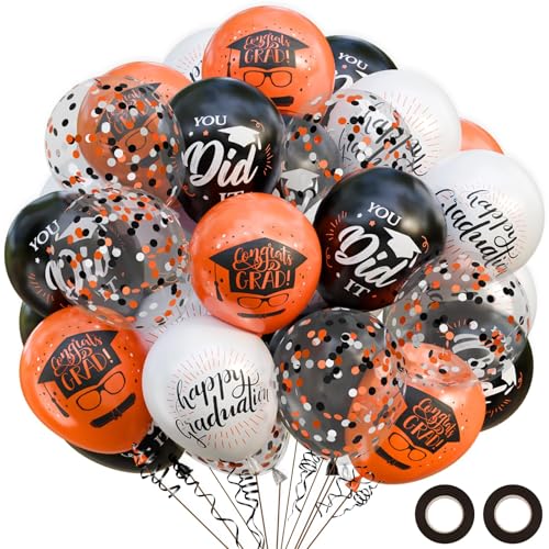 OuMuaMua 75 Pack Graduation Party Decorations Balloons Set - 12 Black White Orange Graduation Balloons Black Orange White Confetti Latex Baloons for Class of 2026 Grad Birthday Party Decor Supplies