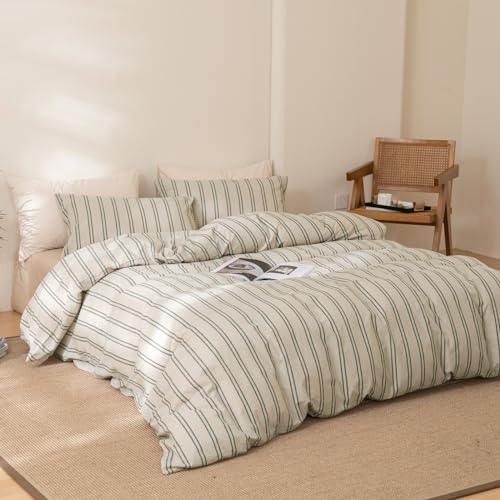 Vm Vougemarket Striped Duvet Cover Set Queen Beige 100% Washed Cotton Bedding Set,Grey Vertical Ticking Stripes Pattern Comforter Cover With Zipper Closure thumb #6