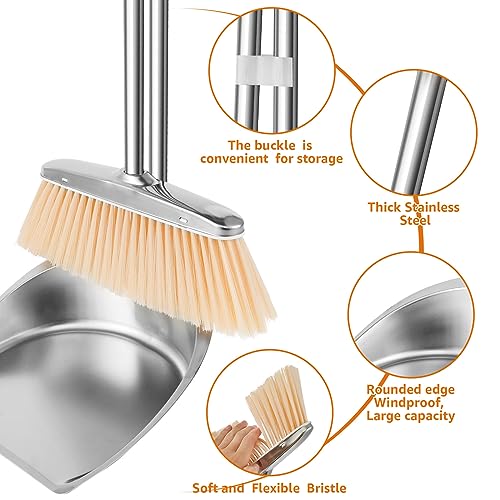 Broom and Dustpan Set Stainless Steel Upright Broom and Dustpan Set Heavy Duty Dustpan Broom Combo Set Portable Sweeper and Dustpan Set with Long Handle for Home Kitchen Office Dorm (Horseshoe Shape)