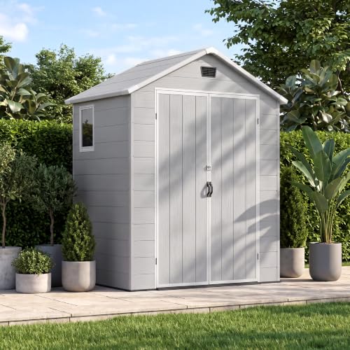 Image of Devoko 6X4 FT Plastic Outdoor Storage Shed with Floor, Light Grey