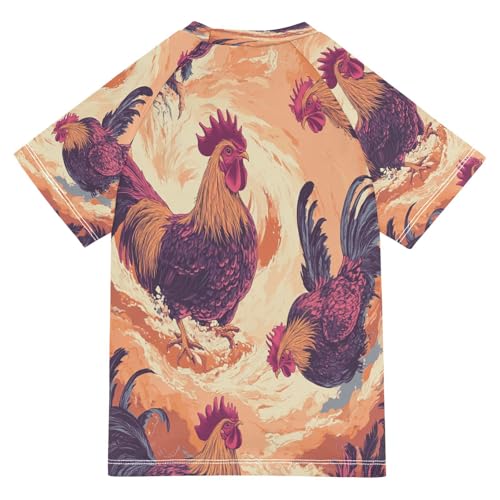 Boys Short Sleeve T-Shirts Rooster Retro Animal Rashguard Kids Swim Shirts Sun UPF 50+2