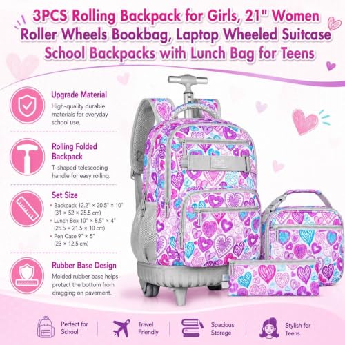 Image of 3Pcs Rolling Backpack for Girls Women, Travel Roller Backpacks with Wheels for Adults, Teens College Love Wheeled Bookbag with Lunch Box(Ash Powder)
