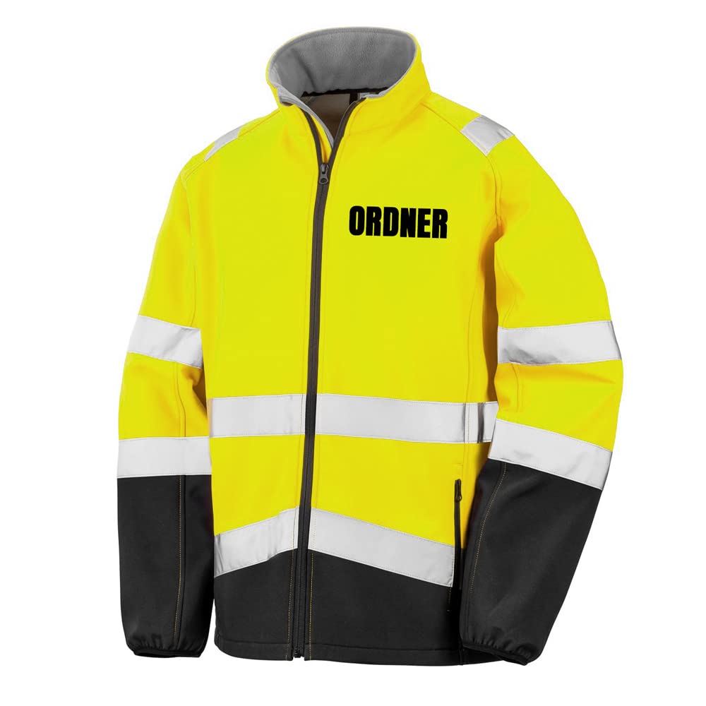 ORDNER Sicherheitsjacke GELB aus Softshell - Gelb Warnjacke nach EN ISO 20471 zertifiziert - Unisex und hochwertigem Reflektorstreifen