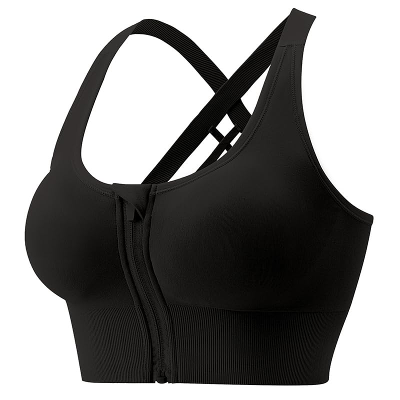 plumbury Women's Polyamide Seamless Padded Full Coverage Front Zip Cross Back Sports Bra, Size M, Black-picture-38