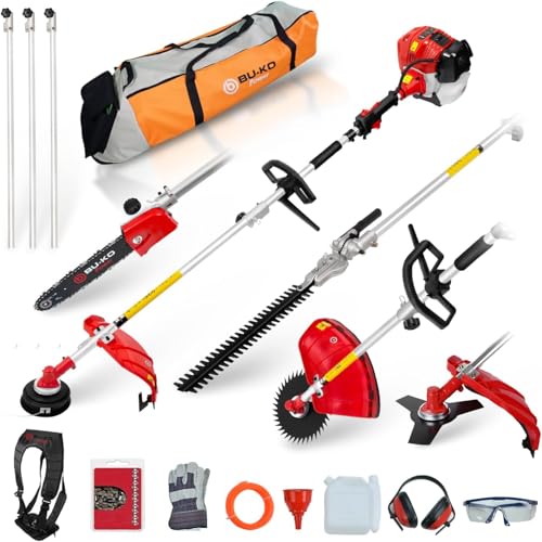BU-KO 52cc Motorsense Benzin Gartengerät mit großer Reichweite: Benzin-Strimmer und Freischneider ausziehbare Benzin-Heckenschere Benzin-Kettensäge 3X 75cm Verlängerungsstangen, Werkzeugtasche