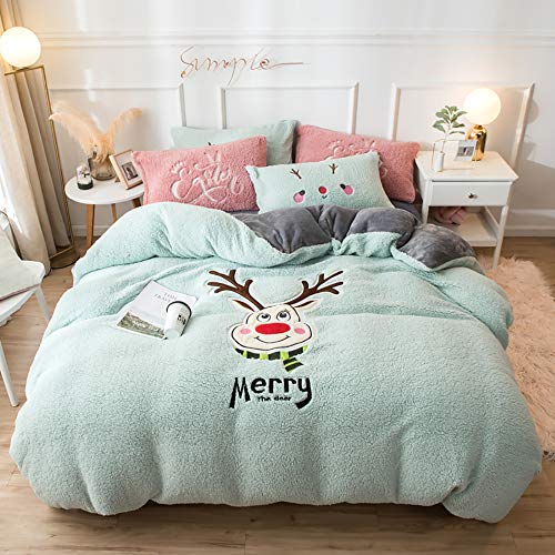 CAZARU Bedding Set King Size White, Winter Duvet Cover Set Bedding Set 4 Pcs Double Bed Flannel Fleece Super Soft Warm Cosy Thick Quilt Cover Sets Flat Sheet Christmas elk Twin Double King