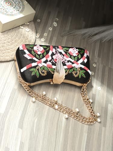 Image of TOOBA Handicraft Clutch Purse For Women with Sleek Design Embroidered Leaf Clutch| Trendy Stylish Bridal, Party, Wedding Sling Bag