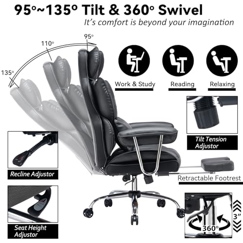 Image of Efomao Big and Tall Office Chair 400lbs - High Back Executive Chair with Swivel Base, PU Leather Upholstery, Lumbar Pillow, Padded Armrests, and Rolling Wheels,Black Computer Chair