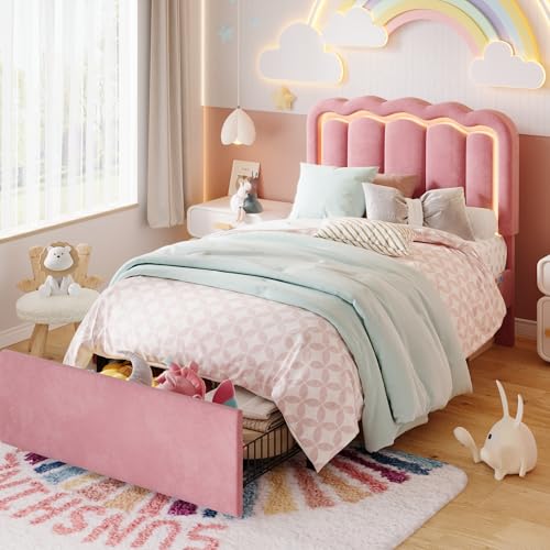 SHA CERLIN Upholstered Twin Size Bed Frame with LED Lights and Large Storage Drawer Velvet Platform Bed with Adjustable Wavy Headboard Noise Free Easy Assembly No Box Spring Needed Soft Pink