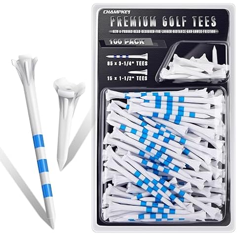 CHAMPKEY Premium 3 Prongs Plastic Golf Tees 50 Pack / 100 Pack | 85 Driver Tees with 15 Iron/Hybrid Tees Mixed Pack | Low Friction and Resistance Golf Plastic Tees (100 Pack, 3-1/4") Cover