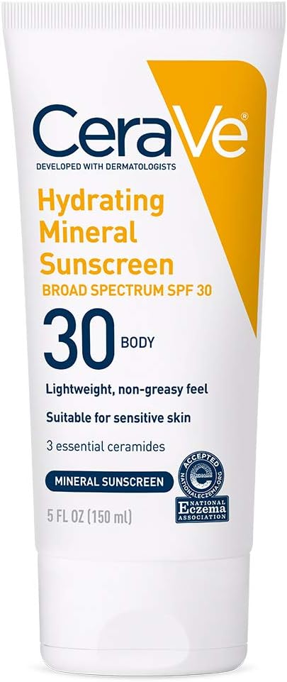 CeraVe 100% Mineral Sunscreen SPF 30 with Zinc Oxide & Titanium Dioxide, Hyaluronic Acid & Ceramides, Oil Free, Non-Greasy, Hydrating Mineral Sunscreen For Body, 5 oz
