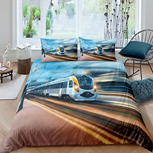High Speed Rail Print Bedding Motor Car Maglev Train Comforter Cover for Kids Boys Girls Teens Transportation Lightweight Microfiber Duvet Cover Decor 3Pcs Bedclothes Double Size