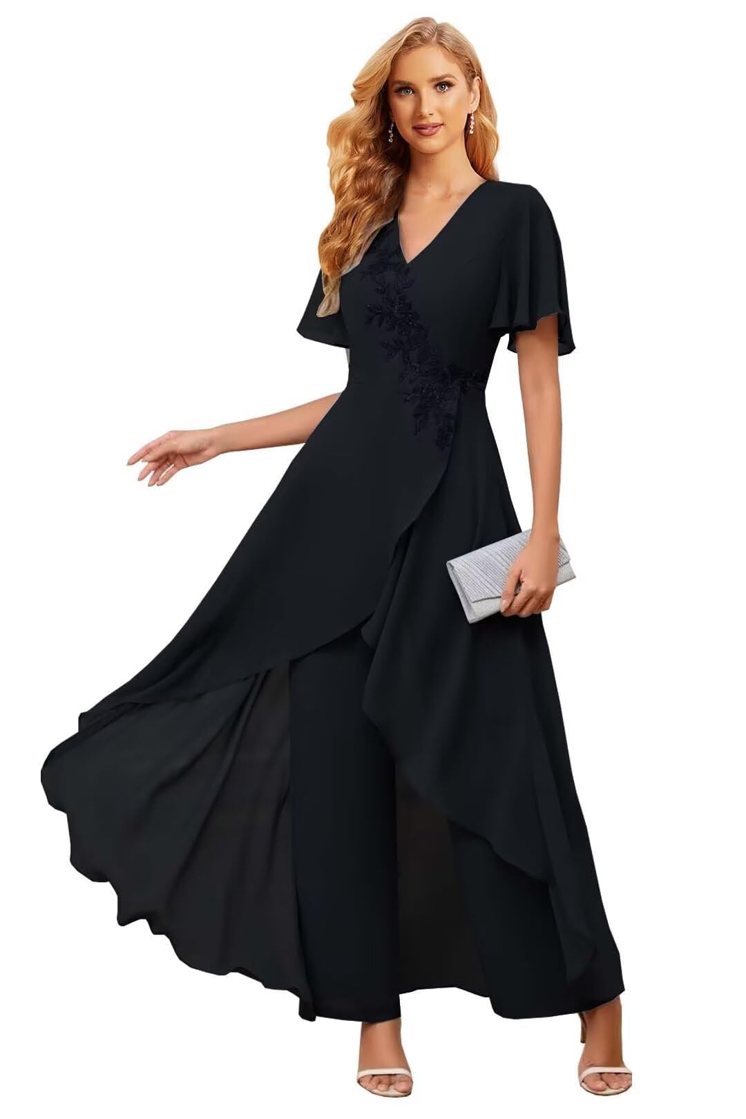 2Pcs Mother of The Bride Pant Suits for Wedding - Chiffon Lace Applique Short Sleeve Women Dressy Outfit