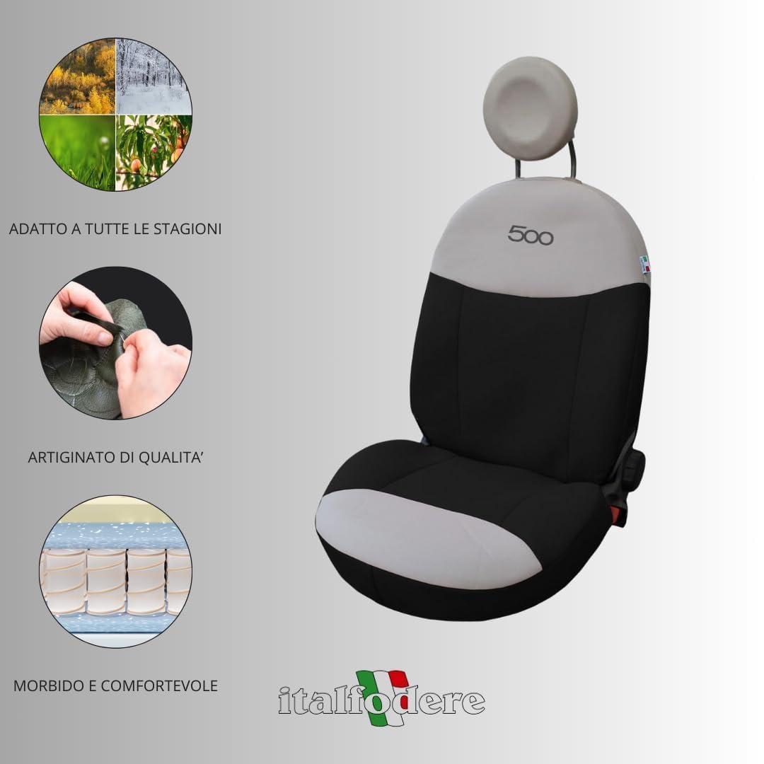 Italfodere - Coppia di Coprisedili Auto anteriori - Compatibili con Fiat 500 dal 2007 in poi - Fatti a Mano - Cotone - Gommapiuma e Poliestere - Accessori Auto Interno - Made in Italy - Nero/Panna